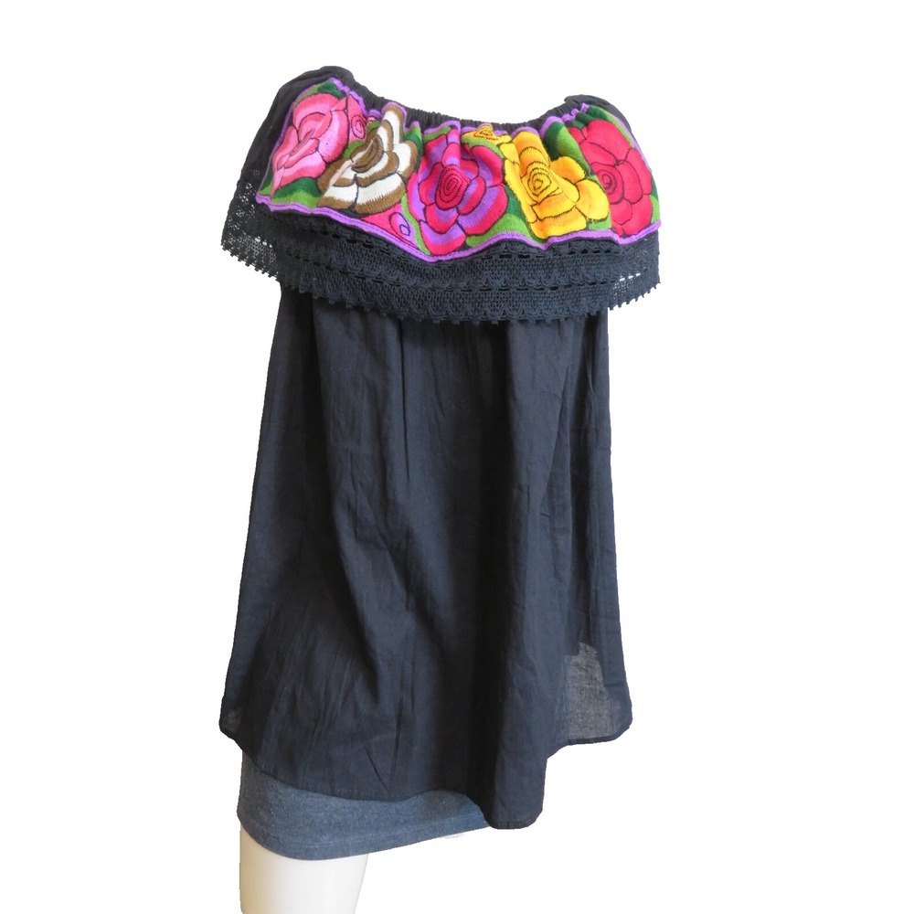 Mexican Campesina Blouse Black‎ Semisheer Floral Embroidered Top  L